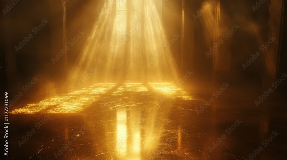 Poster mysterious dark room illuminated by warm golden light with reflections on the floor
