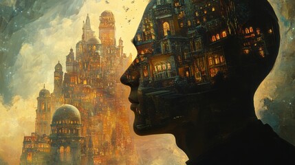 Mystical profile of a man filled with intricate cityscape and glowing architecture against a surreal backdrop