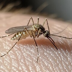 Fototapeta premium A macro view of a mosquito on human skin, ideal for biology research, public health campaigns, and educational materials on insect behavior and disease prevention.