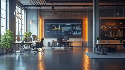 Modern startup office featuring digital displays and collaborative workspaces in a bright urban environment