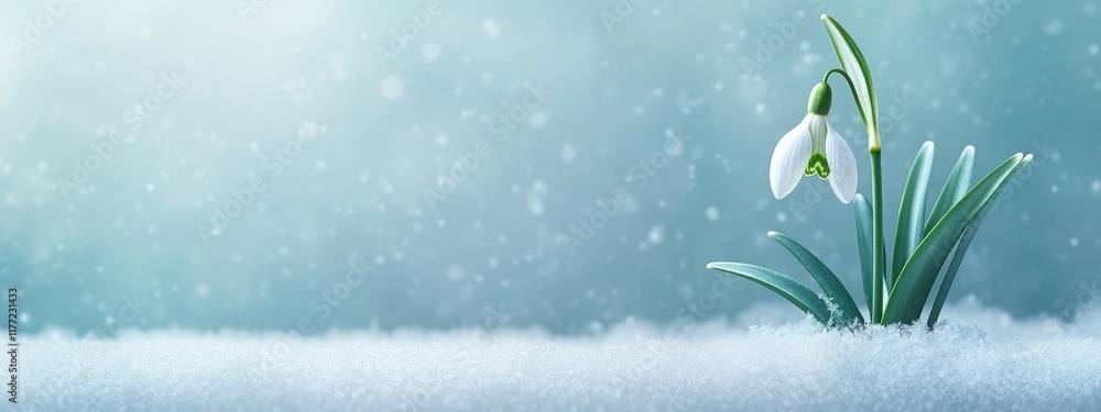 Aufkleber beautiful snowdrop flower emerging through fresh snow in a tranquil winter scene with soft focus bac