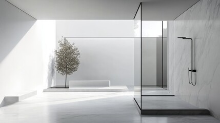 Elegant minimalist bathroom design with white marble and subtle outdoor elements enhancing tranquility