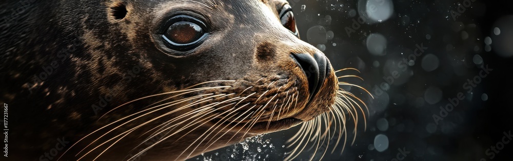 Poster close-up view of a seal's face showcasing its expressive features and glistening whiskers with water