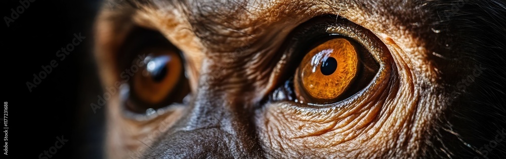 Poster intricate details of a monkey's face highlighting bright eyes and textured fur in a natural setting