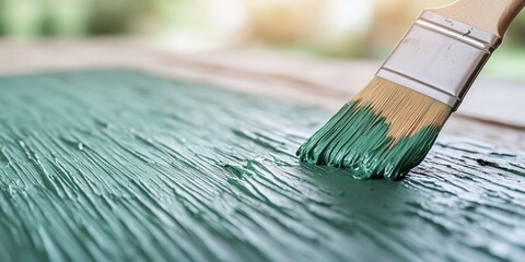 Fototapeta premium Close-up of paintbrush applying teal paint to wood.