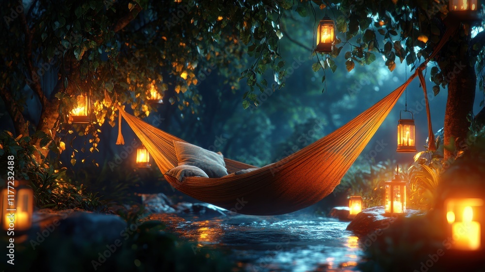 Poster glowing hammock surrounded by lanterns and foliage in a serene nighttime setting
