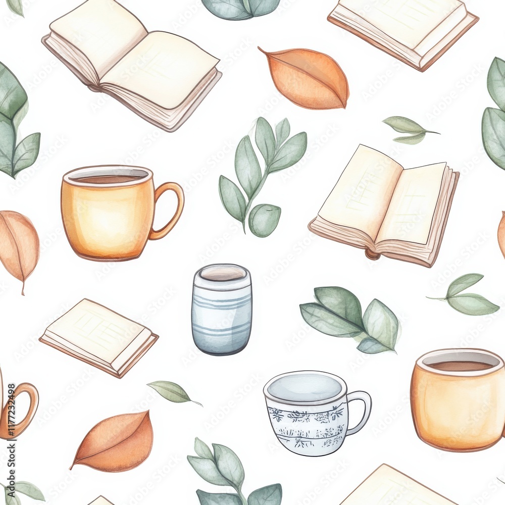 Poster charming watercolor doodles of books and coffee cups create a cozy atmosphere in a tranquil setting