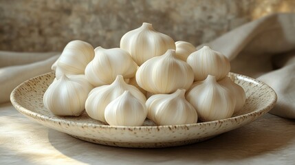 Porcelain dish of fresh garlic bulbs on linen, sunlit kitchen