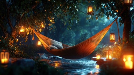 Glowing hammock surrounded by lanterns and foliage in a serene nighttime setting