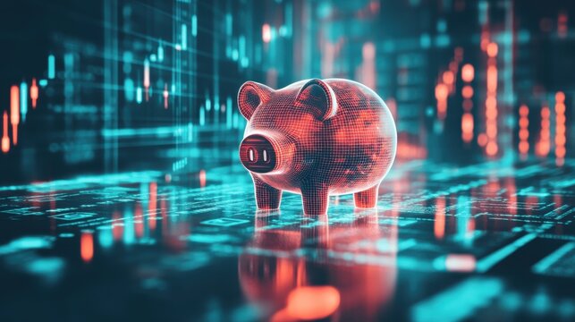 Vivid representation of financial stability with a digital piggy bank and glowing data visuals