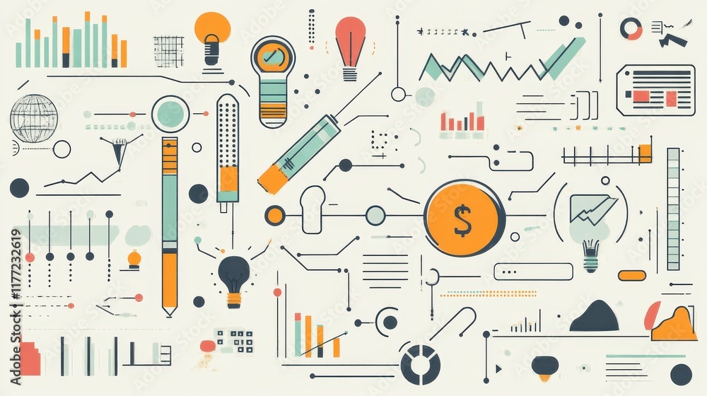 Poster futuristic depiction of vibrant startup ecosystems with data and innovation elements in diverse colo