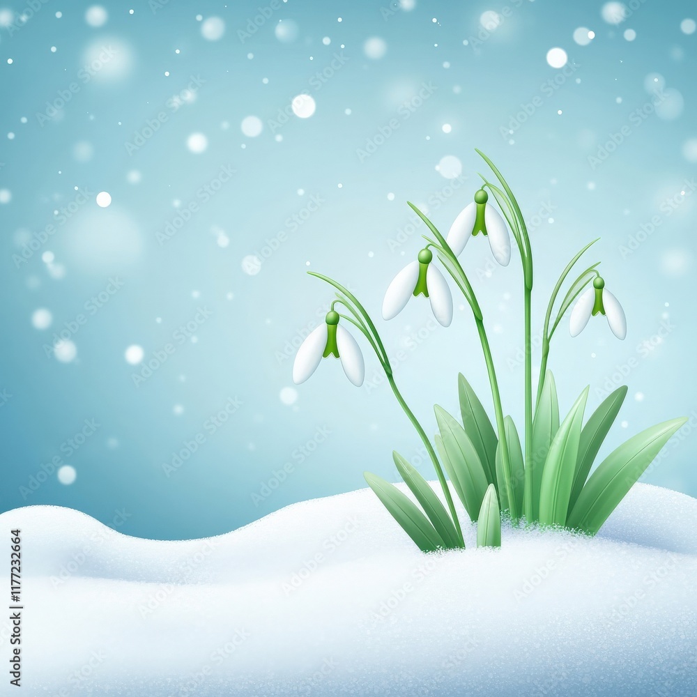 Poster close-up view of delicate snowdrop flowers emerging through soft snow against a gentle winter backgr
