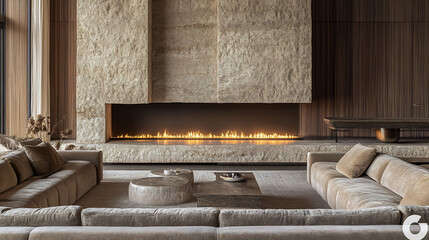 Sleek velvet sofa set contemporary living room facing large stone fireplace glow warmth rich fabric of sofa paired natural stone texture of fireplace creates perfect balance of modern luxury rustic
