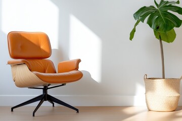 This image captures a stylish modern orange chair paired with a green plant, highlighting a warm and inviting atmosphere in a well-lit space with natural light.