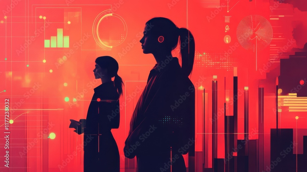 Poster dynamic silhouettes of young professionals against a vibrant red background representing innovation 