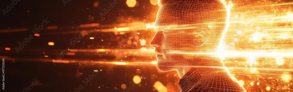 Poster Dynamic profile of a man illuminated by vibrant energy flow in a futuristic setting