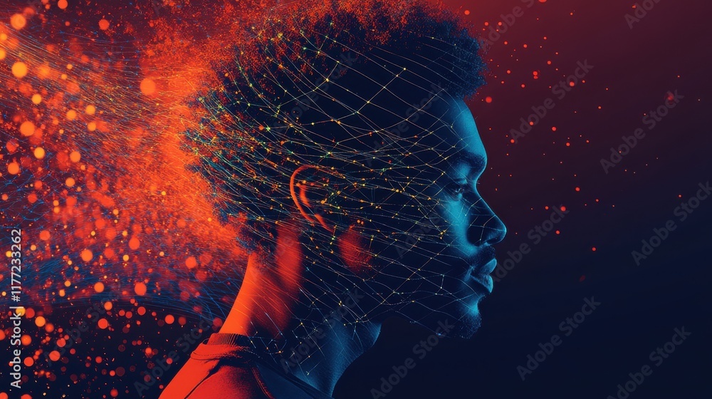 Poster dynamic portrayal of a man's profile with vibrant effects showcasing creativity and expression in a 