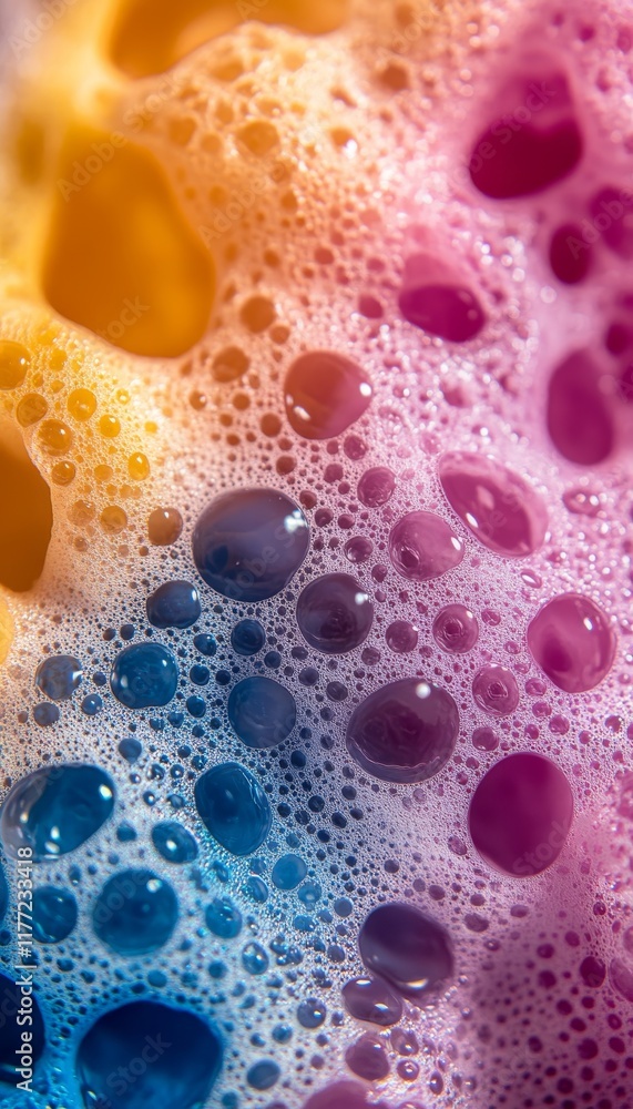 Poster multicolored soap suds texture abstract close up of vibrant soapy foam with bubbles.