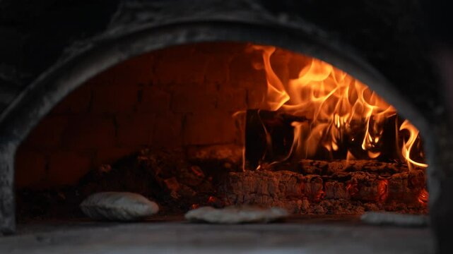 Traditional Bakery Oven Flames Roast Bricks, Baking Fresh Bread in Rustic Fire Pit