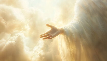 Heaven and cross love and faith and salvation concept of Jesus Christ reaching out with open arms in the sky and the resurrected Jesus Christ