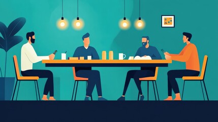 Fototapeta premium Dynamic Group of Professionals Engaged in Discussion at a Modern Table with Creative Atmosphere and Warm Lighting in an Office Environment