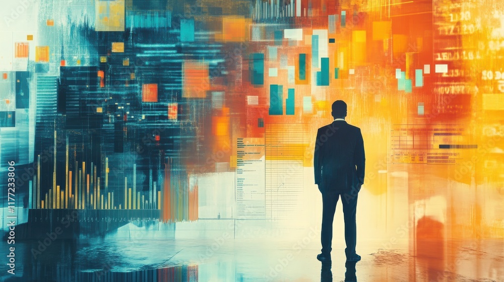 Poster creative visualization of financial data analysis showcasing a professional in a dynamic environment