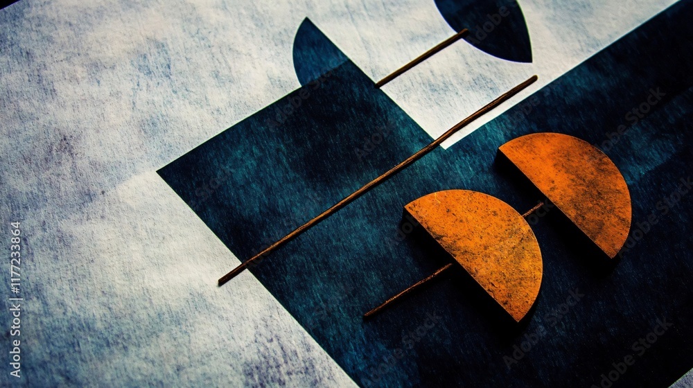 Poster abstract composition with bronze semicircles and lines on a textured background. explore the interpl