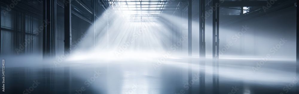Aufkleber monochromatic space with beams of light illuminating a reflective surface during the early morning