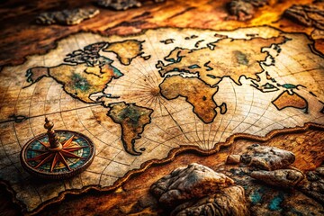 Fototapeta premium Antique Pirate Treasure Map on Stone Table - Stock Photo