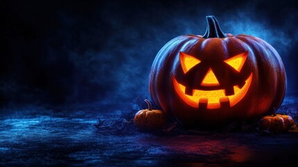 a jack-o'-lantern with two small pumpkins on a dark background