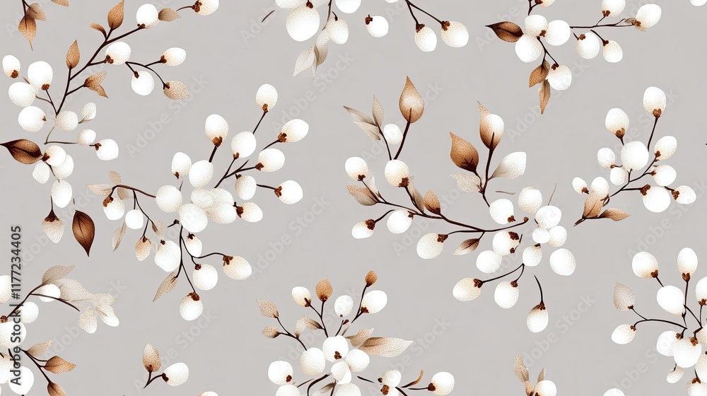 Poster floral designs on a soft gray background create a delicate and sophisticated pattern suitable for va