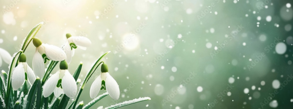 Poster delicate snowdrop flowers emerging through fresh snow under soft light with glimmering bokeh effect 
