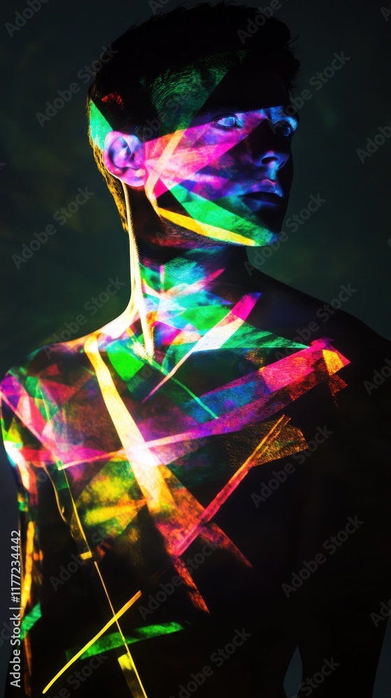 Poster man glowing with colorful patterns in a dark room during a creative modern art performance