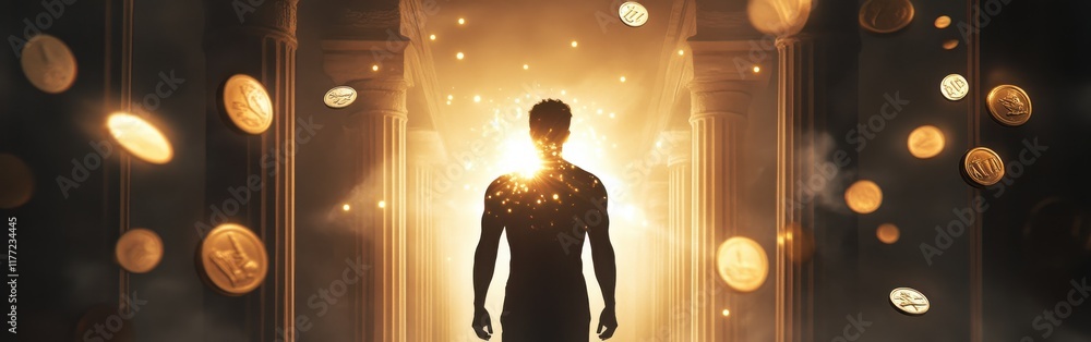 Poster Man glowing with energy in a mystical room surrounded by floating coins and an aura of light