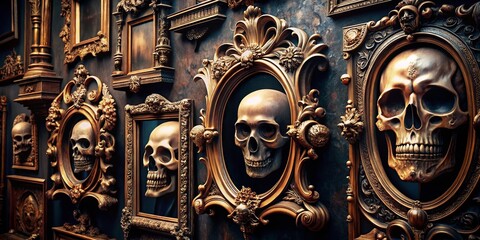 Antique Skull Mirror Frames: Ornate Gothic Decor Collection Stock Photo