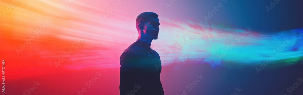 Leinwandbilder man emanating vibrant colors against a dark background in an abstract conceptual visualization of en