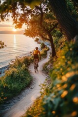 Golden Hour Bike Ride Cyclist Enjoys Serene Escape on Picturesque Riverside Path at Sunset