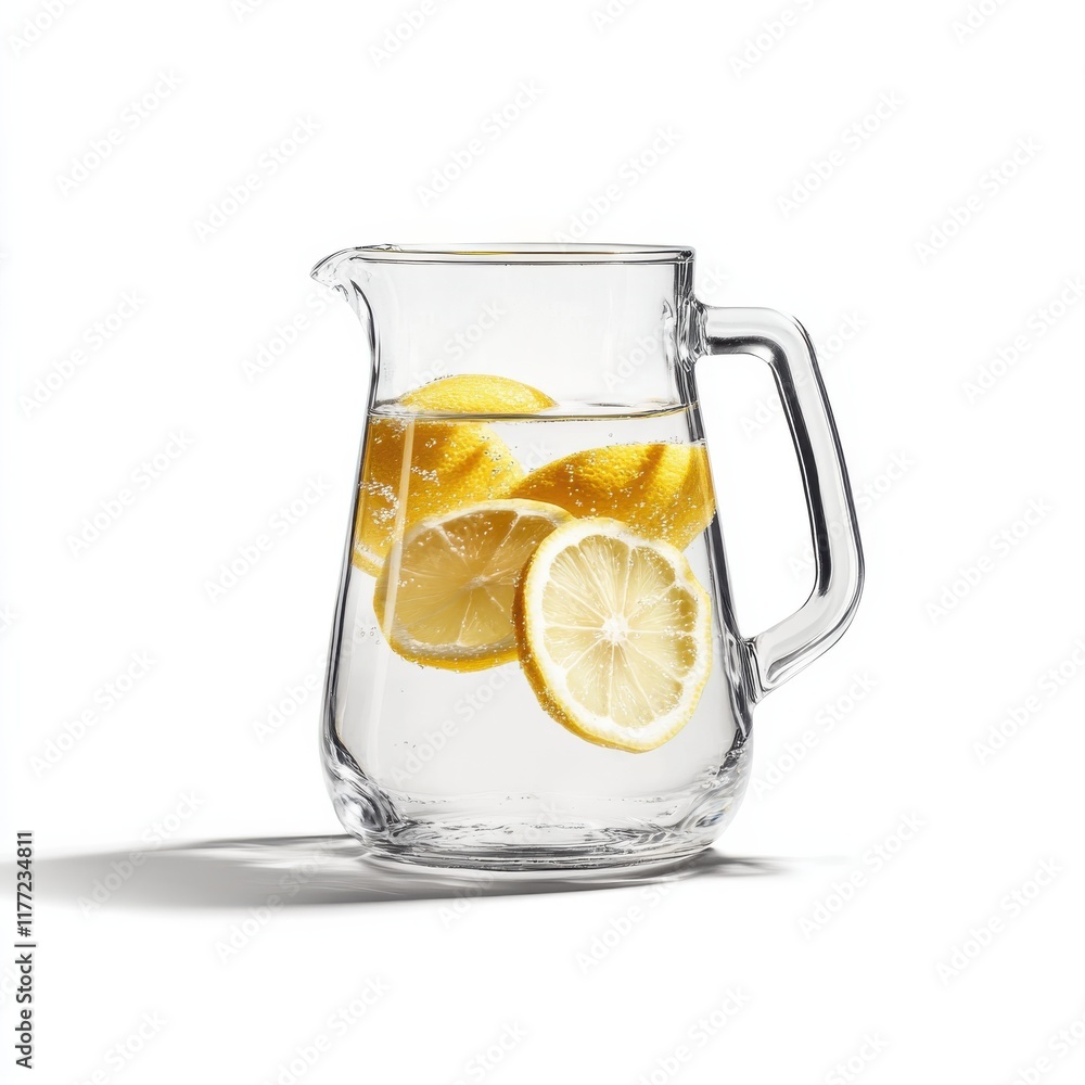 Poster clear glass pitcher filled with refreshing water and lemon slices on a bright background