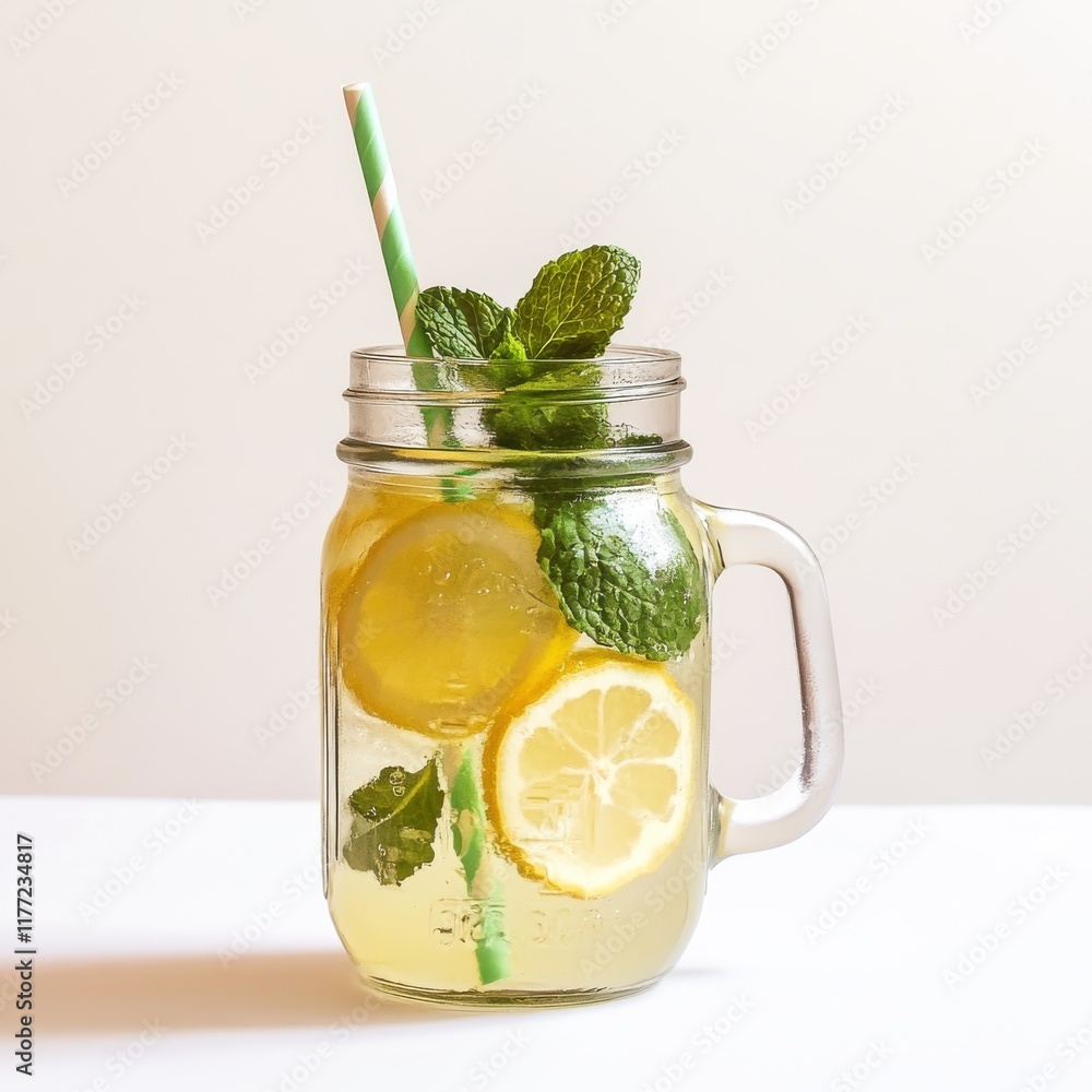 Aufkleber refreshing lemonade with mint served in a mason jar with a straw on a clean surface