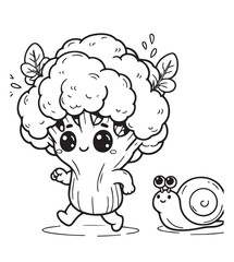 Coloring book cute broccoli walk with snail 
