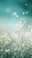Calm grassy landscape bathed in gradient cyan light with delicate flowers swaying gently in the breeze