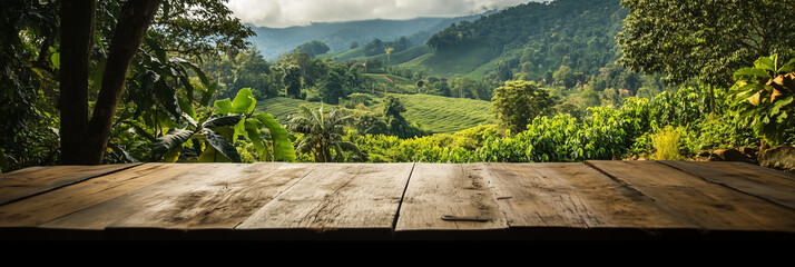 Banner para exposição de produtos derivados de café, mesa de madeira ao ar livre com linda paisagem de cafezal ao fundo