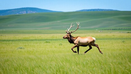 Majestic Elk Runs Across Lush Green Field