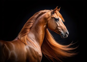 Fototapeta premium Arabian Horse Portrait, Chestnut Stallion Headshot, Long Exposure, Black Background