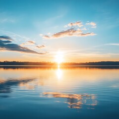 Fototapeta premium tranquil lake sunrise reflecting sunlight in scenic beauty