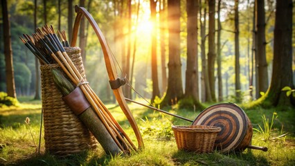 Fototapeta premium Archery Equipment: Bow, Arrow, Quiver, Target Practice, Outdoor Sport