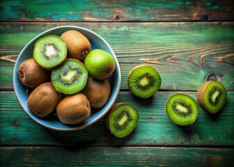 Flat lay PNG: a bowl overflowing with juicy, fresh organic kiwi fruit.