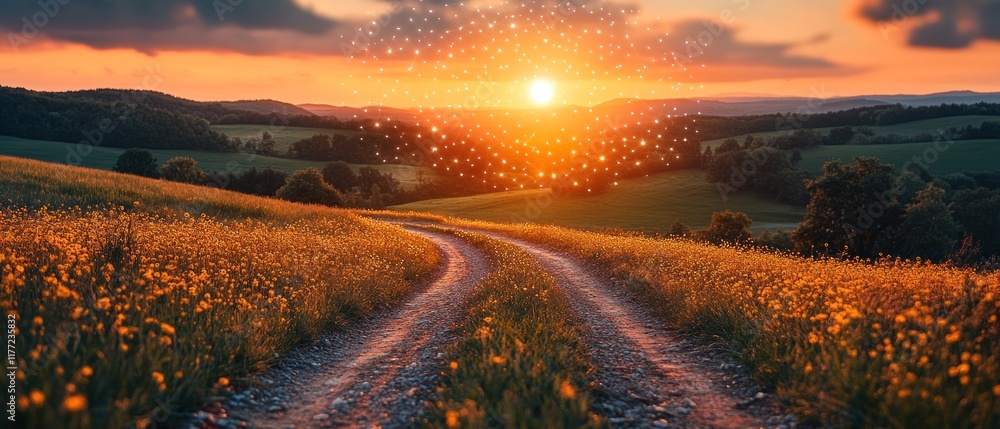Poster sunset landscape with a winding path through fields of flowers.