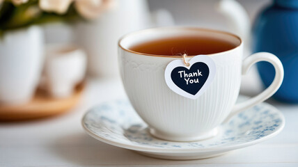 White teacup with thank you tag on saucer, filled tea