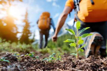 A focused gardener tending to young plants, reinforcing the importance of hard work and dedication in nurturing nature and promoting ecological awareness and sustainability.